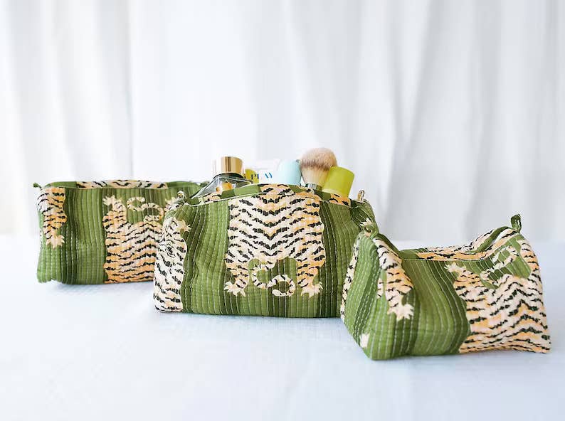 Green Tiger Animal Print Quilted Cotton Cosmetic / Toiletry Bag