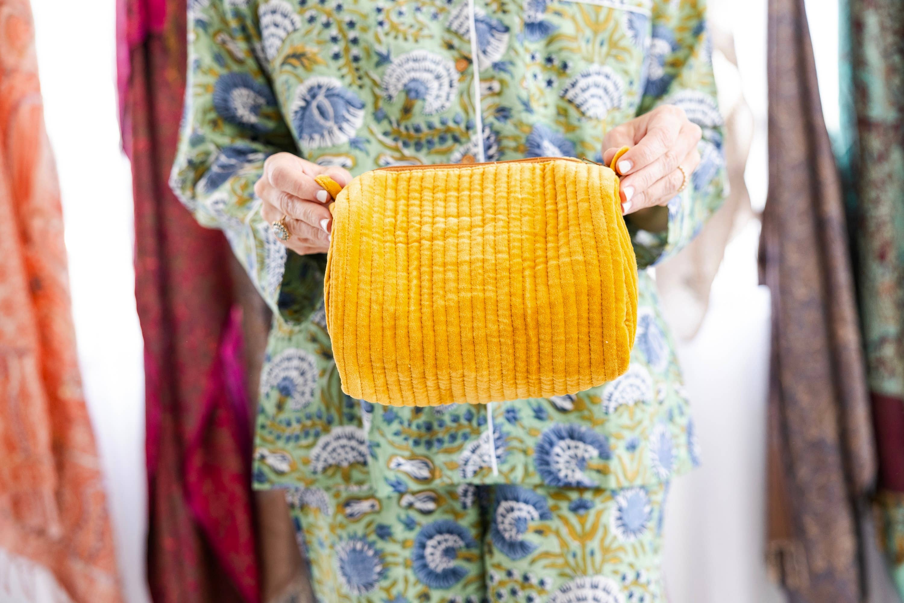 Velvet & Block Print Lined Cosmetic Pouch-Mustard