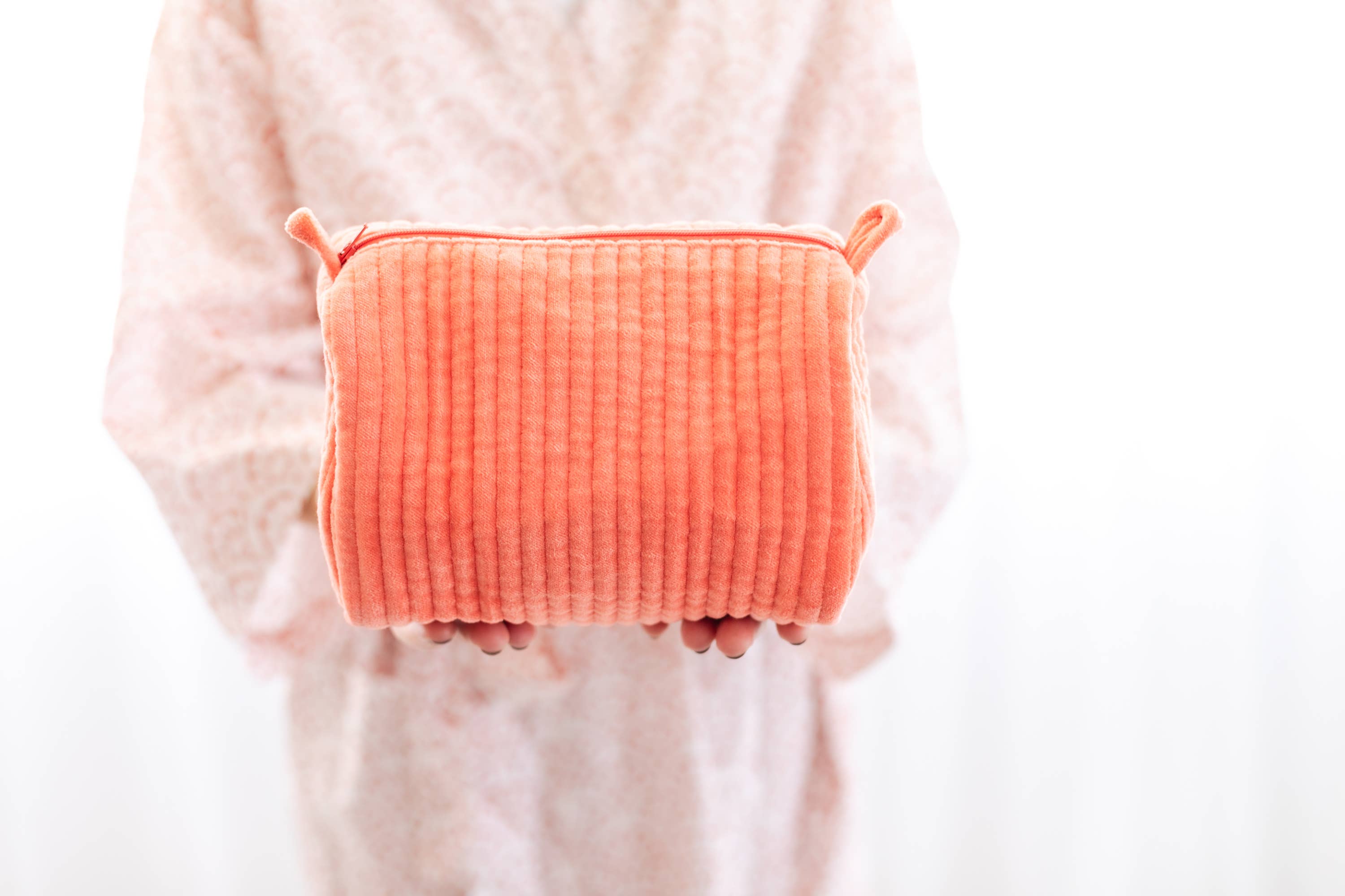 Velvet & Block Print Lined Cosmetic Pouch-Coral