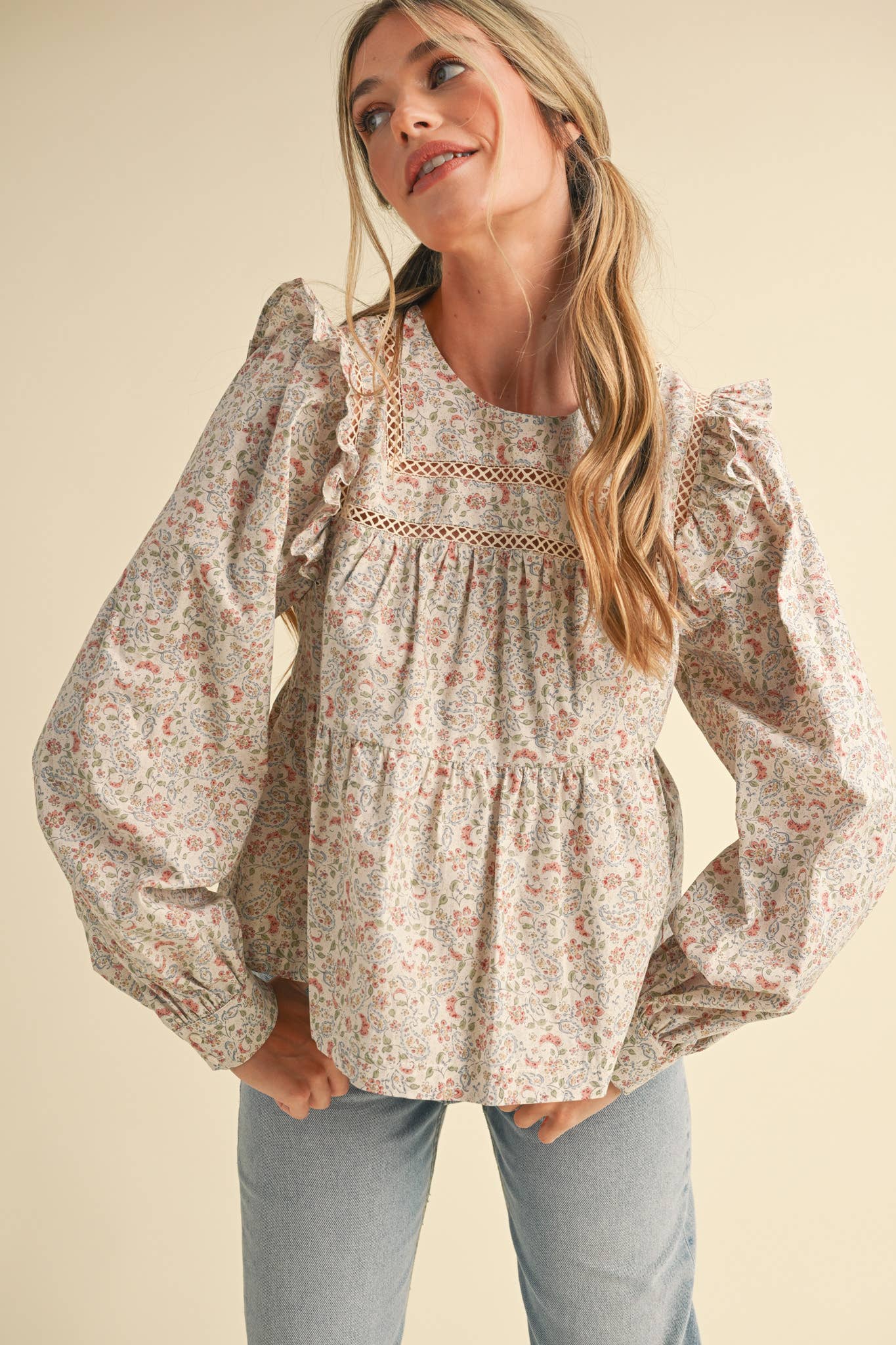 Ruffled Puff Sleeve Lace Trim Top