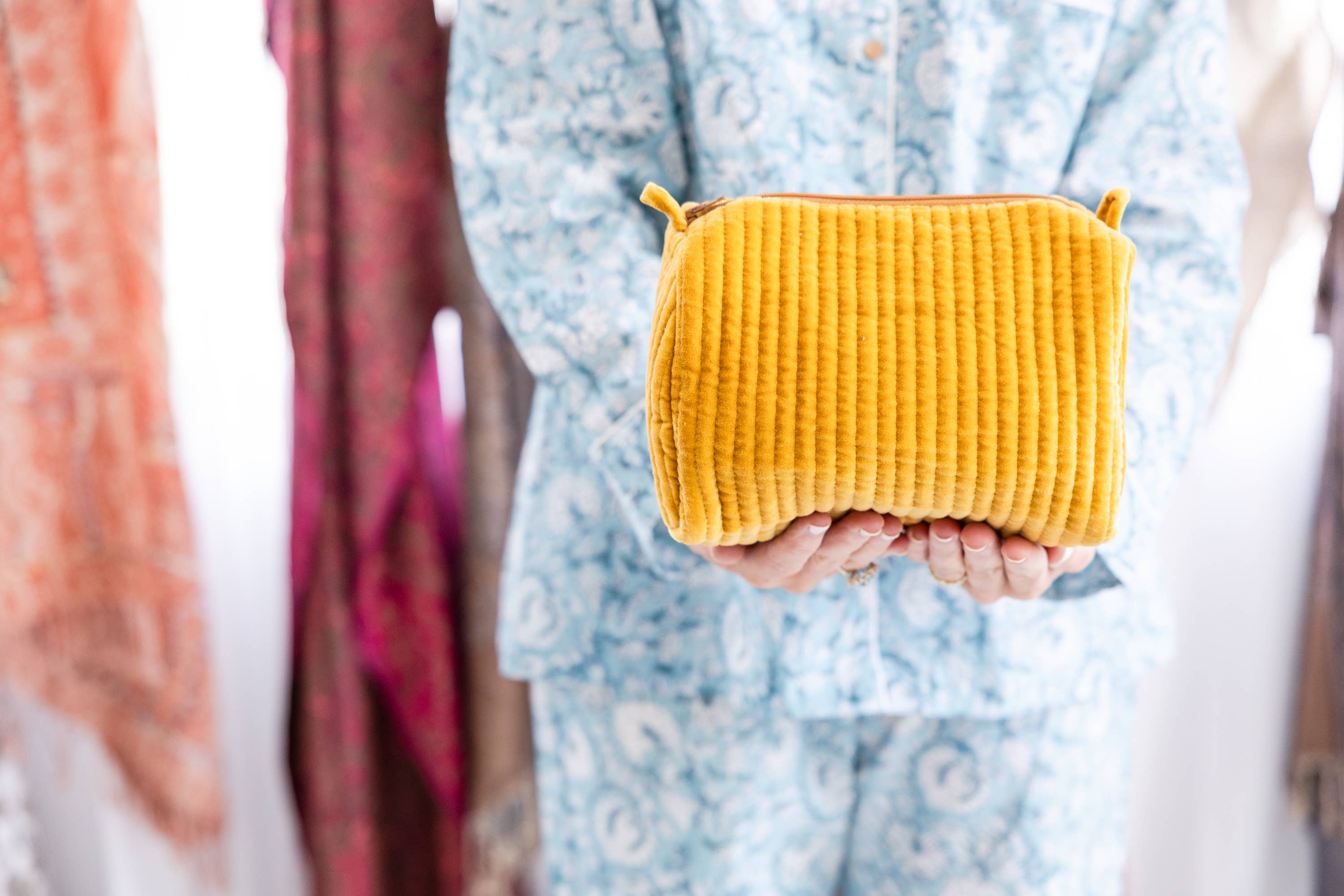 Velvet & Block Print Lined Cosmetic Pouch-Mustard