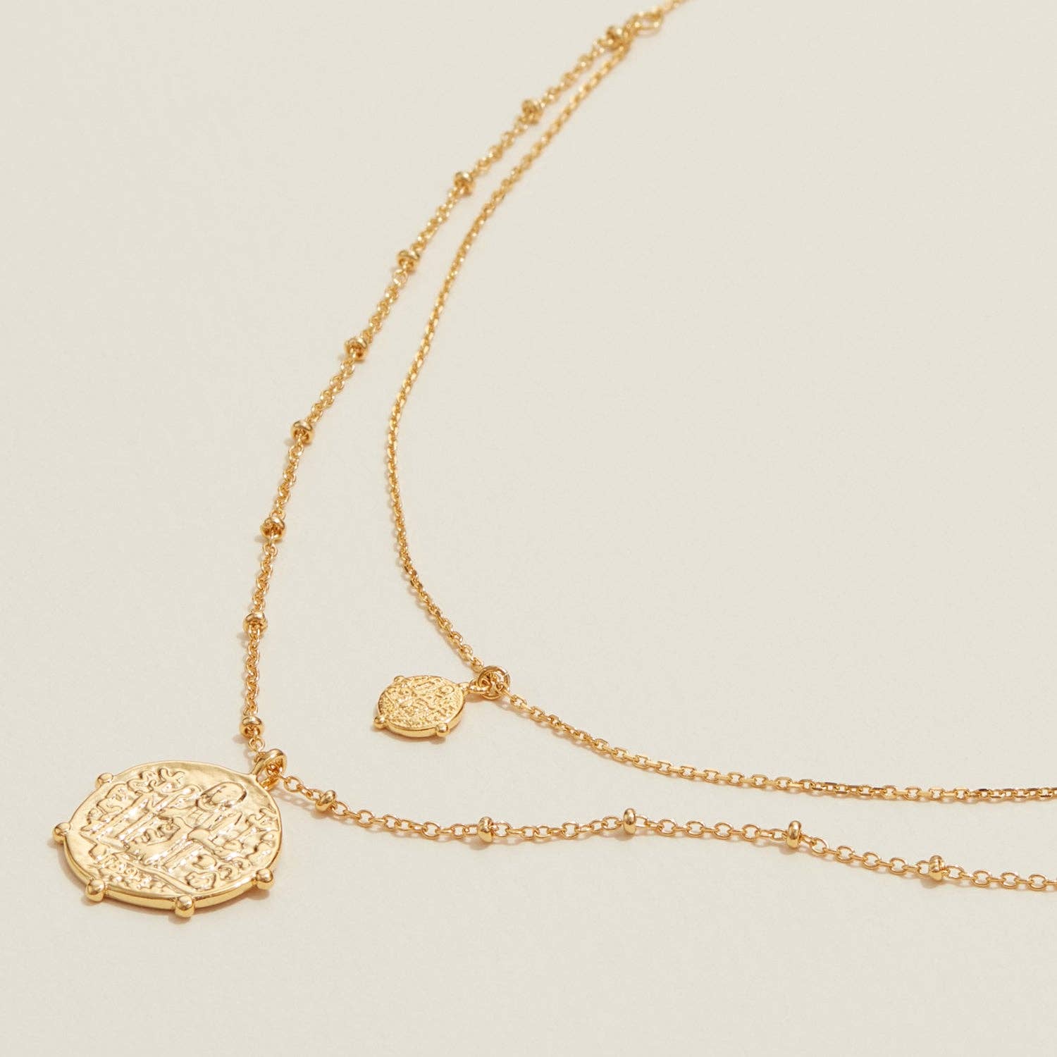 Layered Gold Necklace with Textured Coin Pendants: Gold