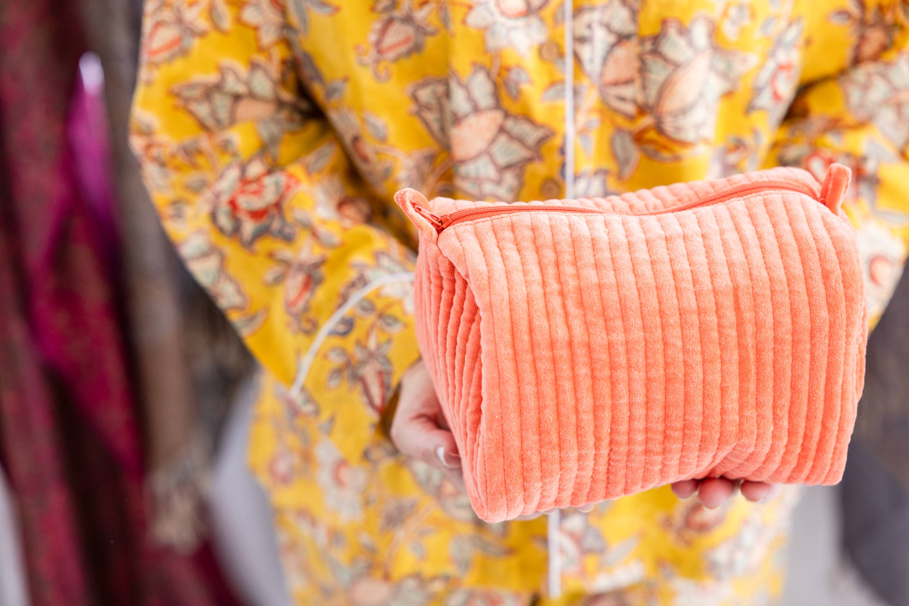 Velvet & Block Print Lined Cosmetic Pouch-Coral