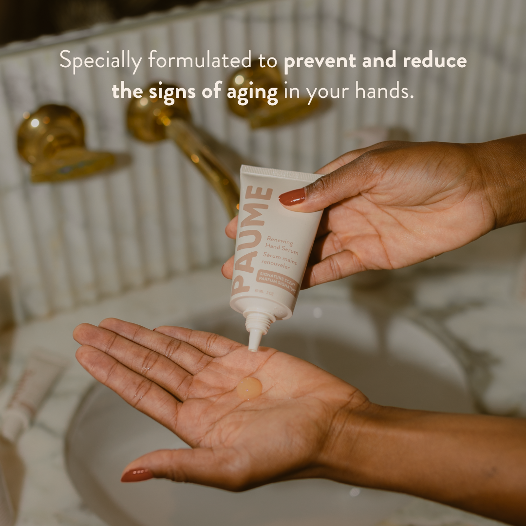 Hand applying anti-agin skincare product with text about anti-aging hands.