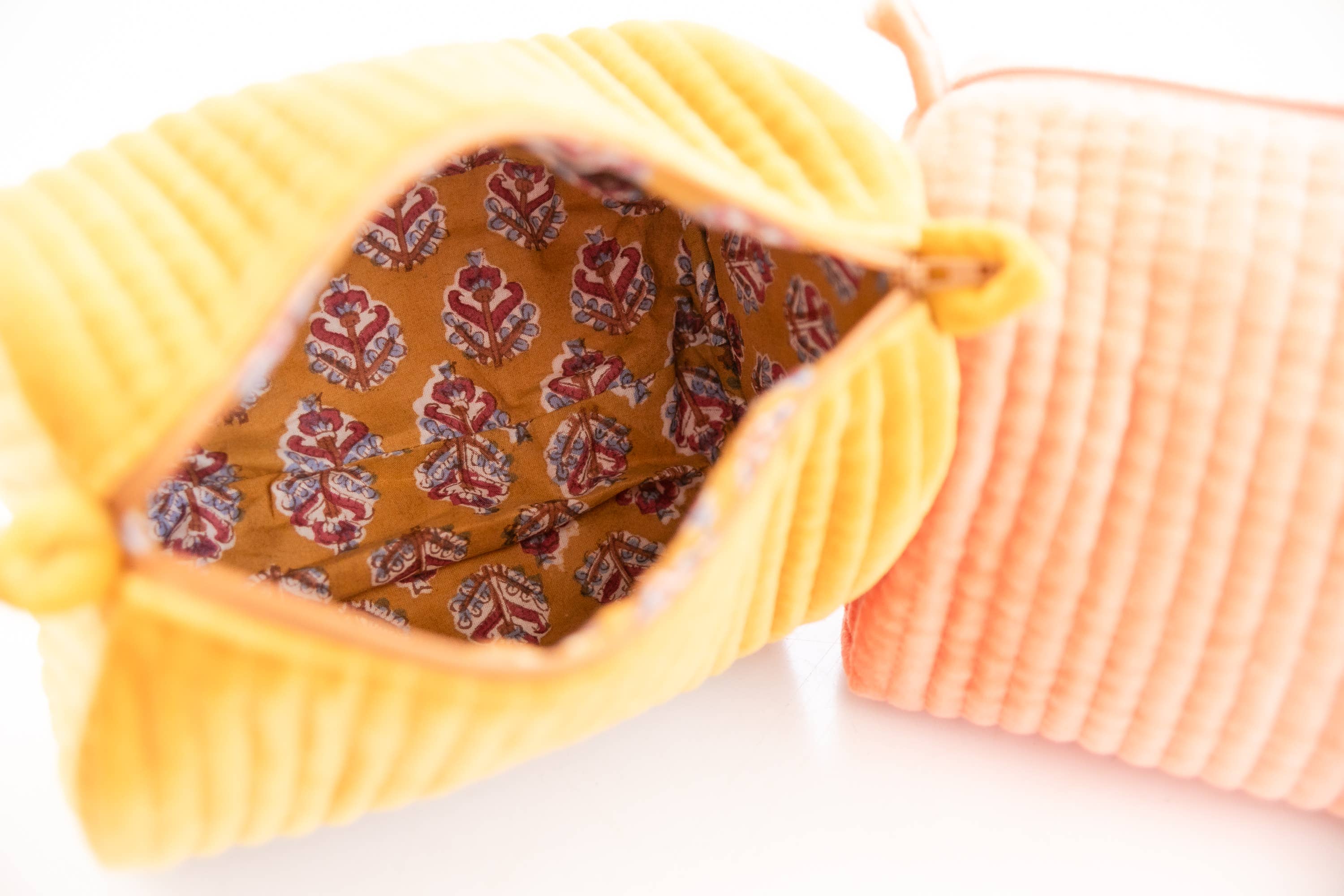 Velvet & Block Print Lined Cosmetic Pouch-Mustard