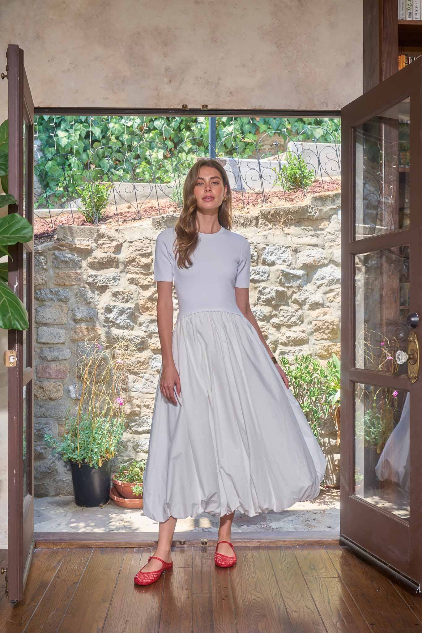 Short Sleeve Crewneck Bubble Skirt Midi Dress