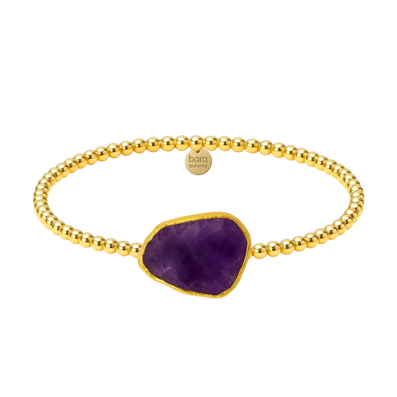 Gold filled beaded bracelet with a amythyst stone on a white background