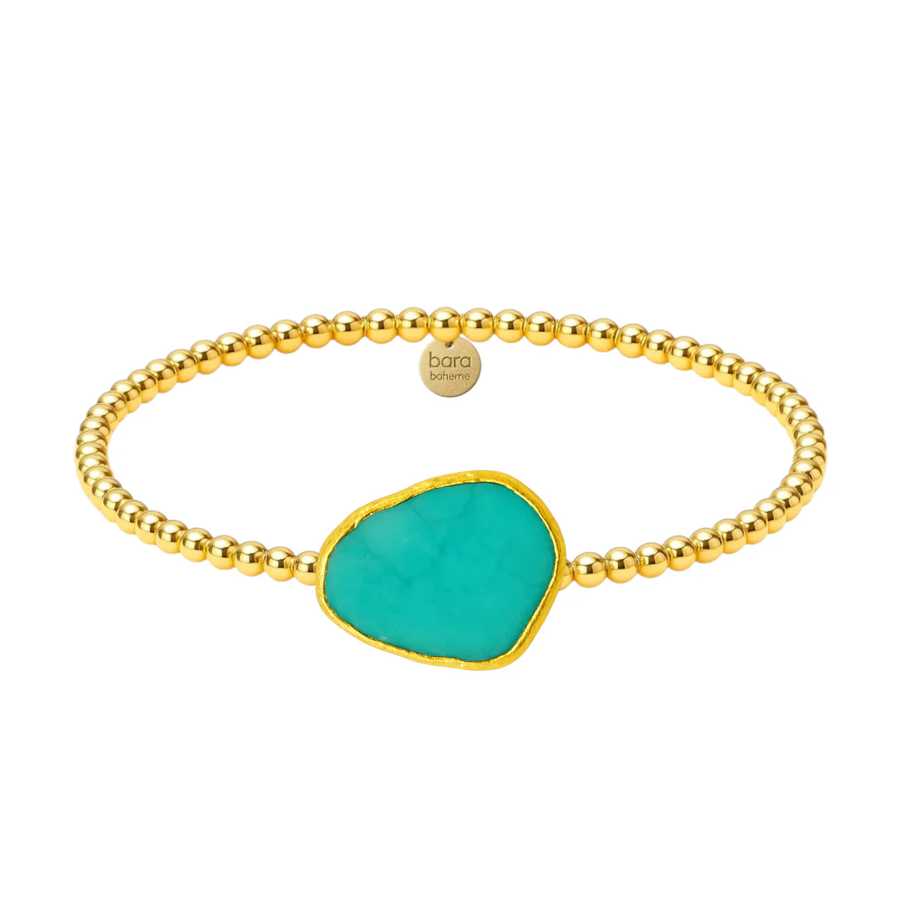 Gold filled beaded bracelet with a turquoise stone on a white background