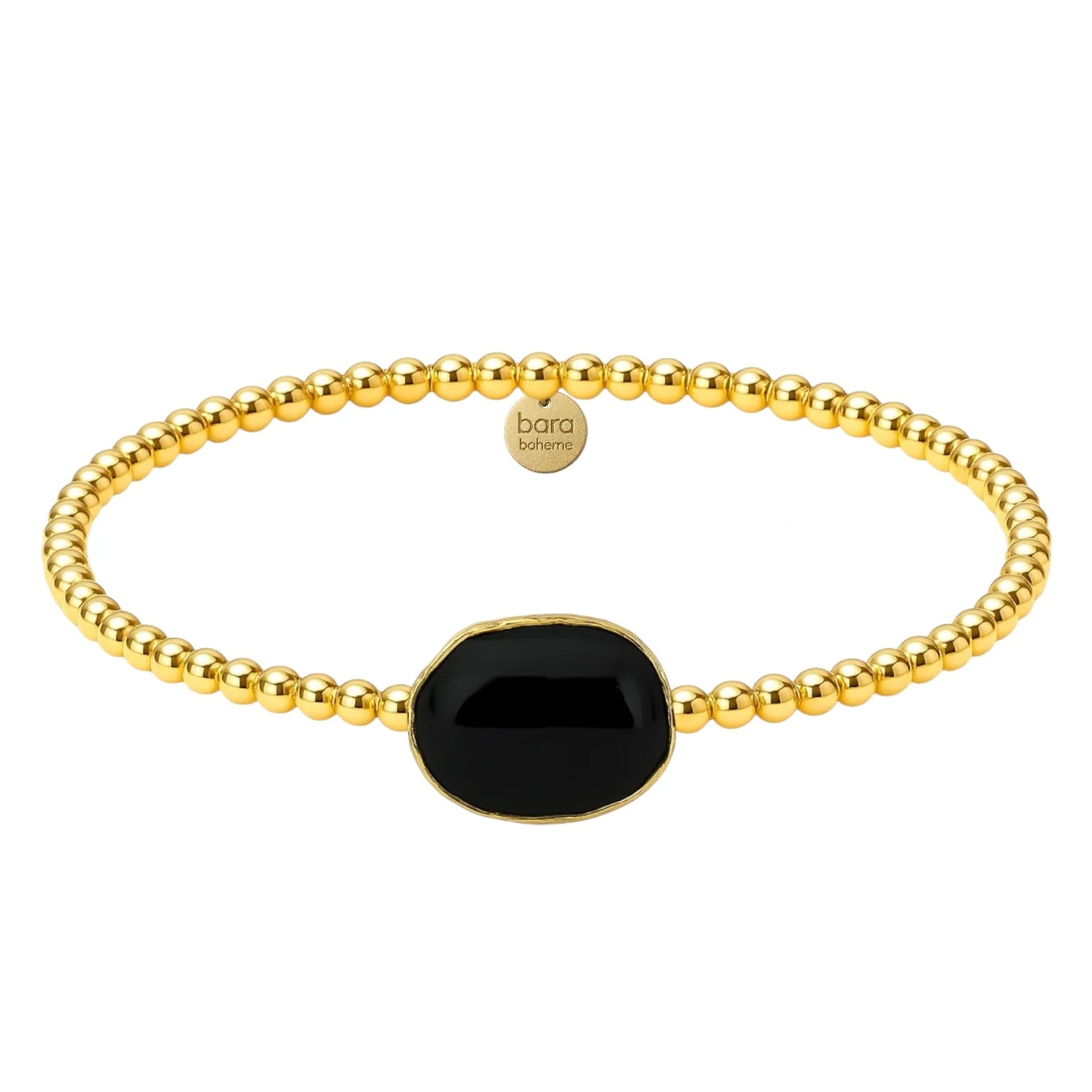 Gold filled beaded bracelet with a black onyx oval stone on a white background